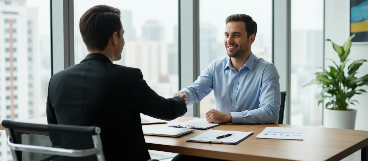 Recruiter und Kandidat beim Händedruck nach einem erfolgreichen Interview