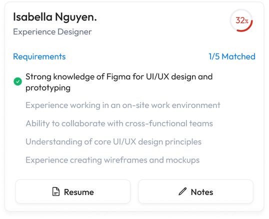 Isabella Nguyen, Experience Designer, 32% matched applicant card